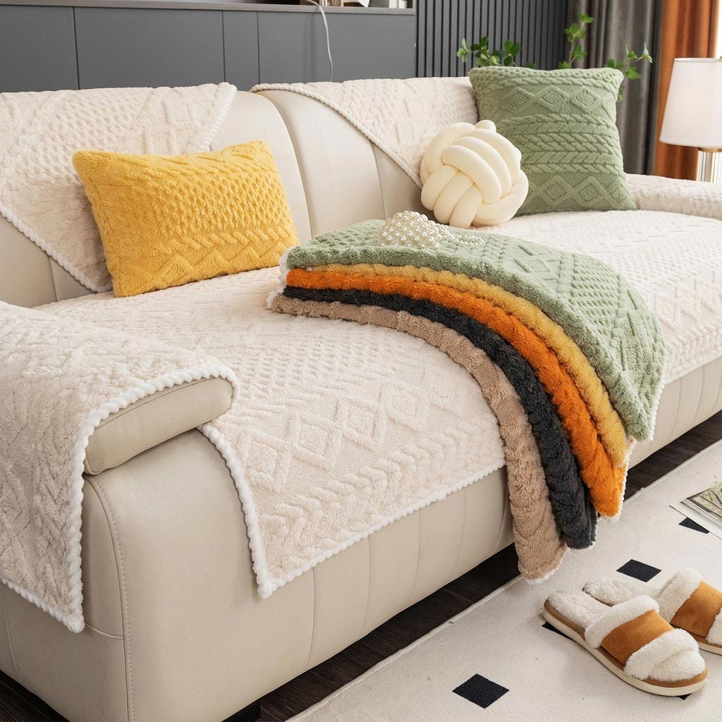 Jacquard sofa cover displayed on a white modern sofa with colorful cushions and folded blankets in light green, orange, yellow, dark grey, and khaki