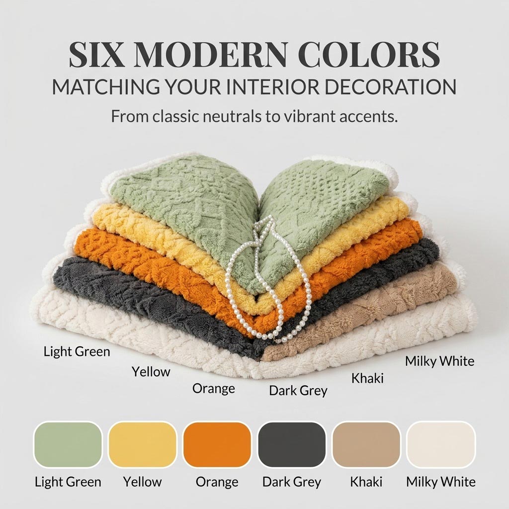 Six modern colors sofa cover collection - Light Green, Yellow, Orange, Dark Grey, Khaki, Milky White - stacked in a heart shape with pearl necklace accent