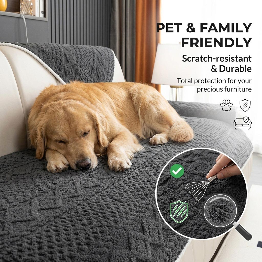 Dark grey Shu Velveteen sofa cushion with a golden retriever sleeping on it, showcasing scratch-resistant and pet-friendly protection for furniture