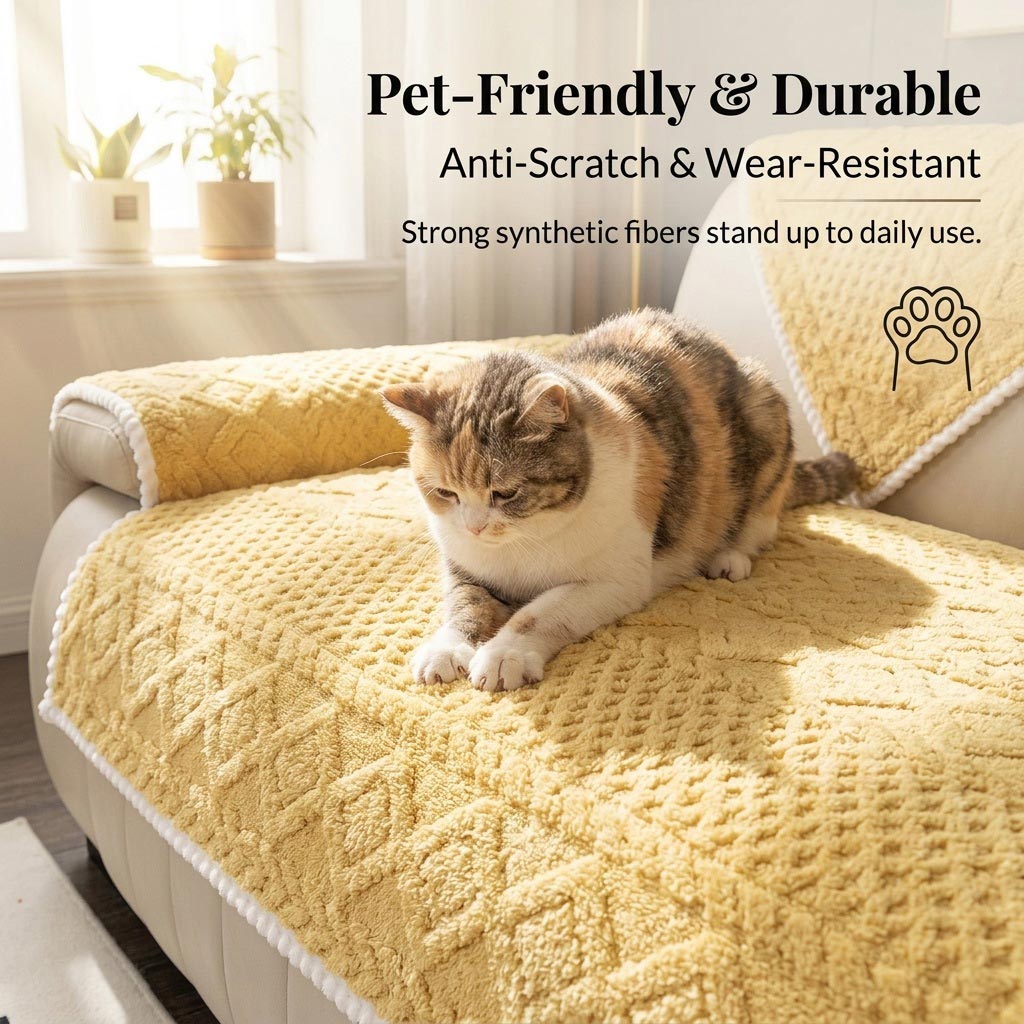 Pet-Friendly and Durable sofa cover in yellow with a cat resting on it, highlighting anti-scratch and wear-resistant features
