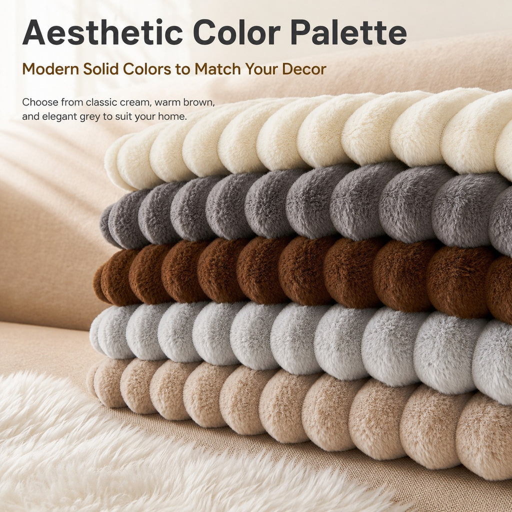 5 color options of faux rabbit plush sofa cover - dark gray, light camel, cream white, light gray, dark brown
