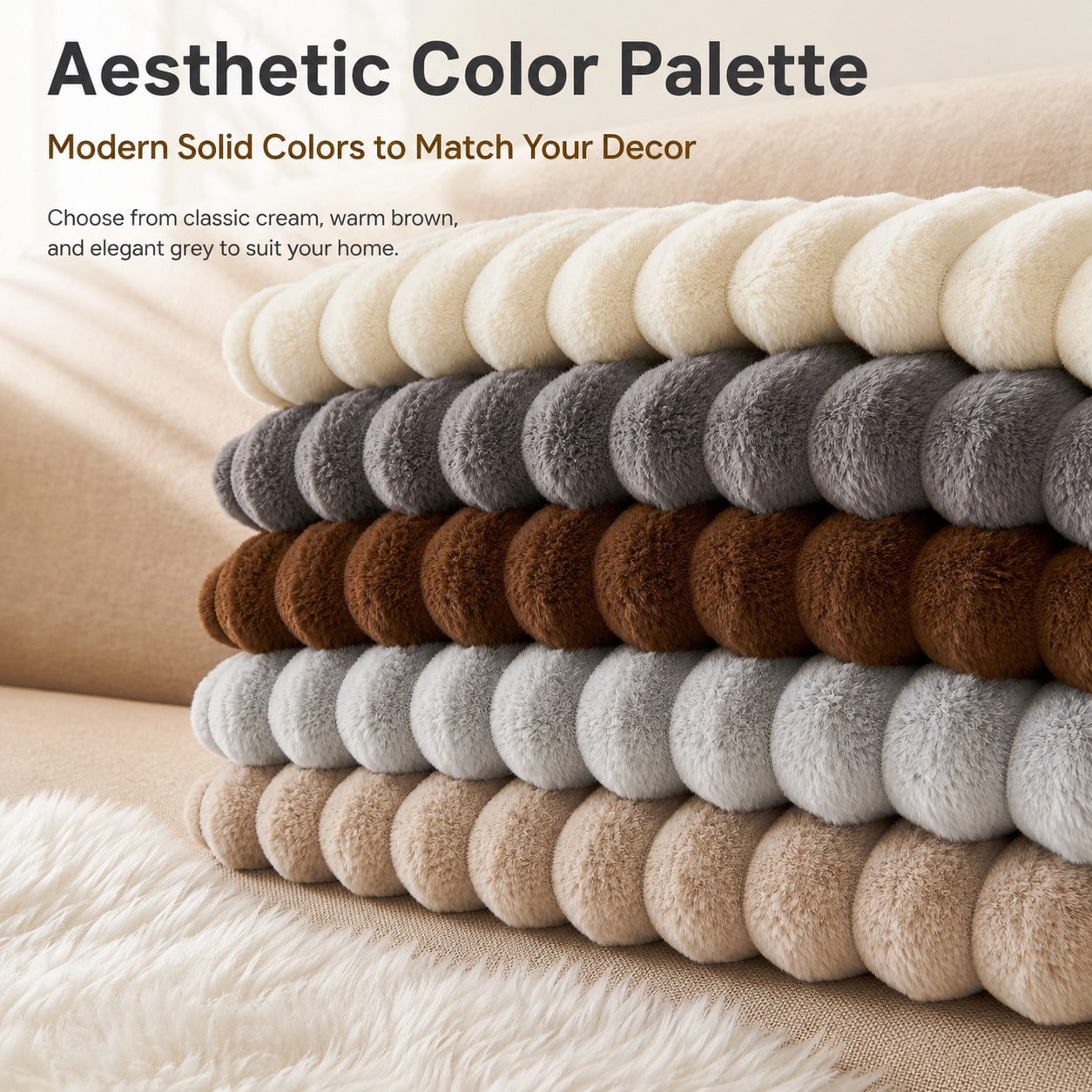 5 color options of faux rabbit plush sofa cover - dark gray, light camel, cream white, light gray, dark brown