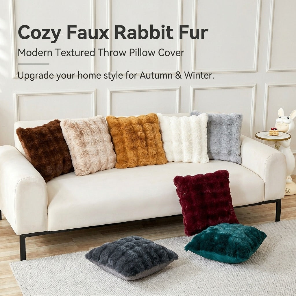 Cozy faux rabbit fur throw pillow covers in multiple colors on white sofa - autumn winter home decor