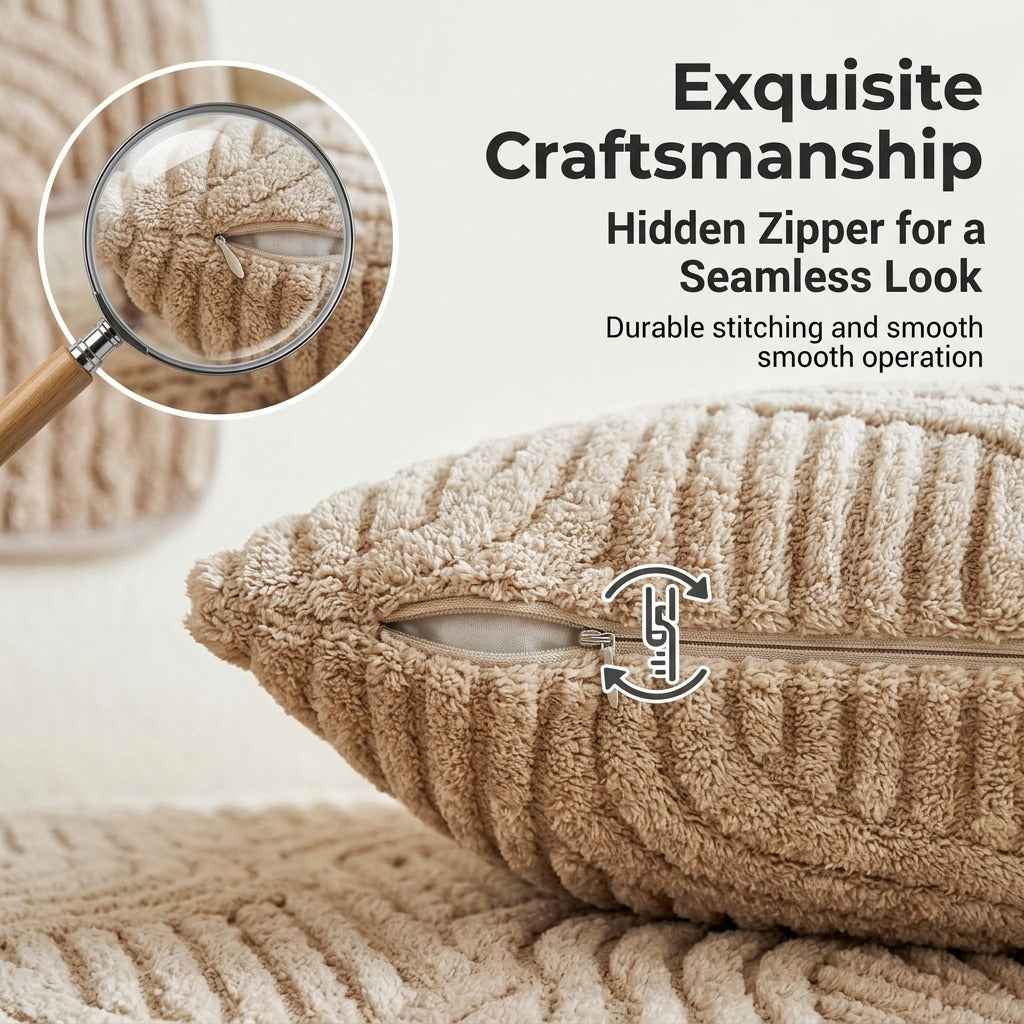 Hidden zipper closure on khaki shu velveteen pillow cover – seamless look durable sofa cushion cover