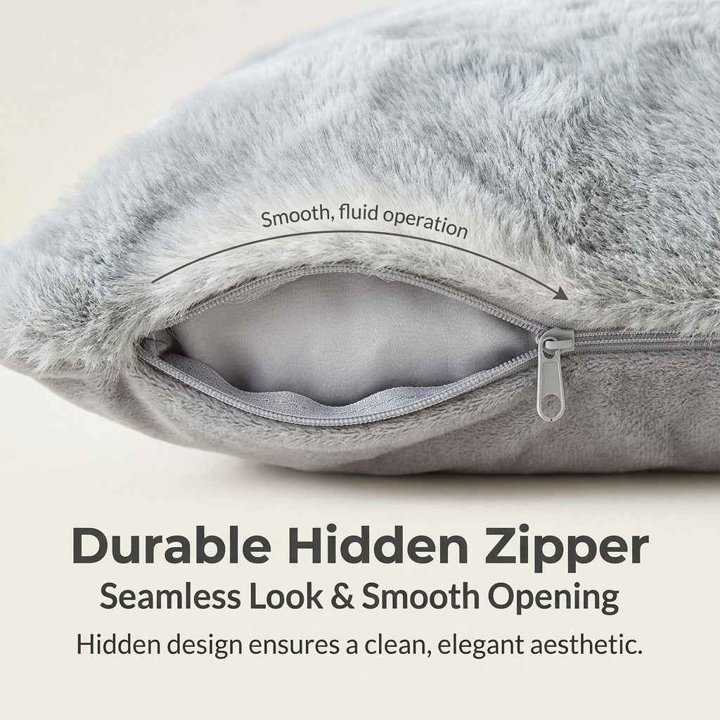 Hidden zipper detail on faux rabbit fur pillow cover – seamless look machine washable sofa cushion cover