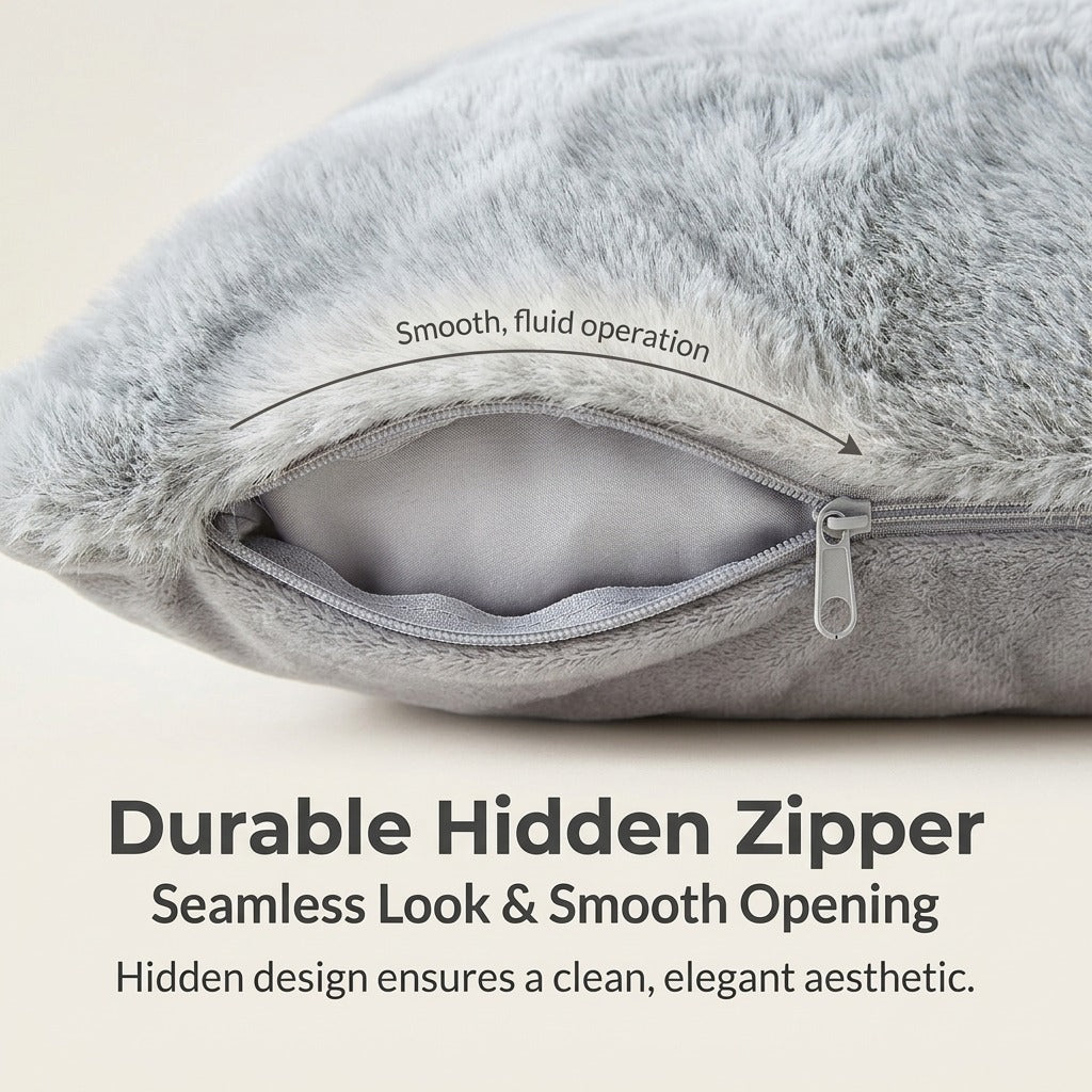Hidden zipper detail on plush faux rabbit fur pillow cover - seamless look and smooth opening