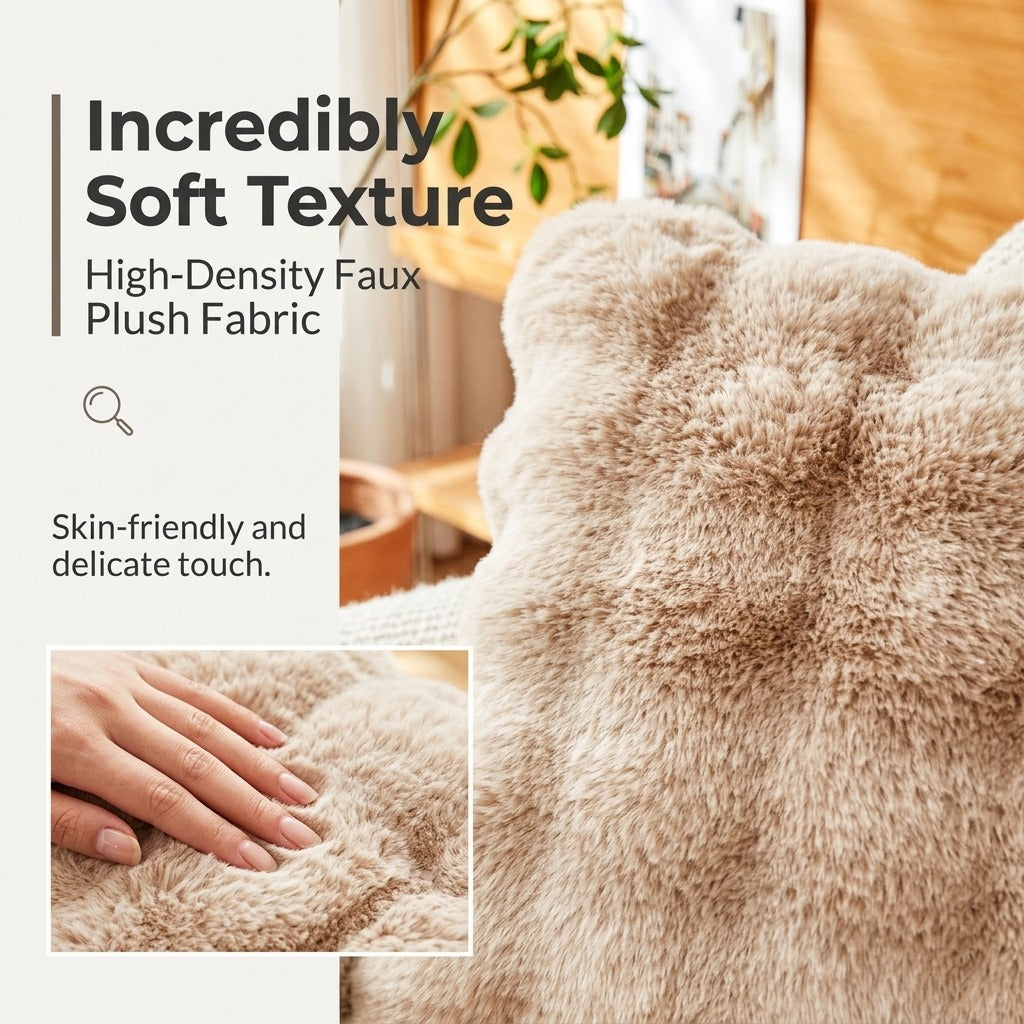 High-density faux rabbit plush pillow cover fabric close-up - incredibly soft skin-friendly texture