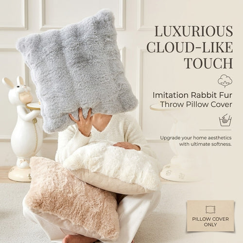 Imitation rabbit fur throw pillow cover in light grey and khaki - luxurious cloud-like touch for living room