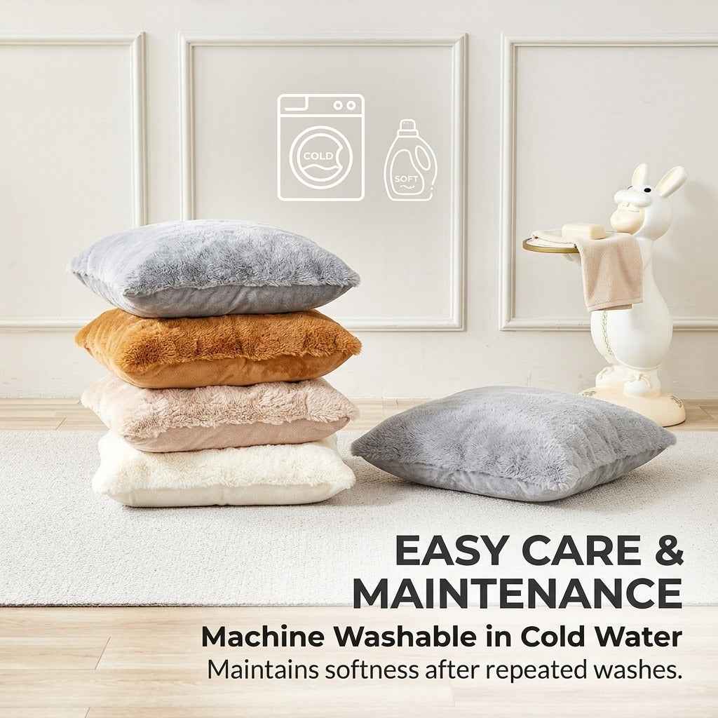 Machine washable faux rabbit fur pillow covers in multiple colors – easy care cold wash sofa cushion covers