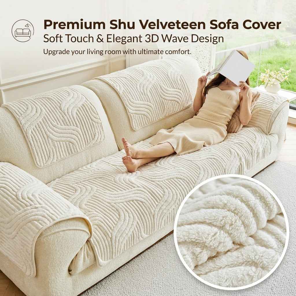 Premium velveteen sofa cover on living room couch – pet-friendly non-slip couch protector
