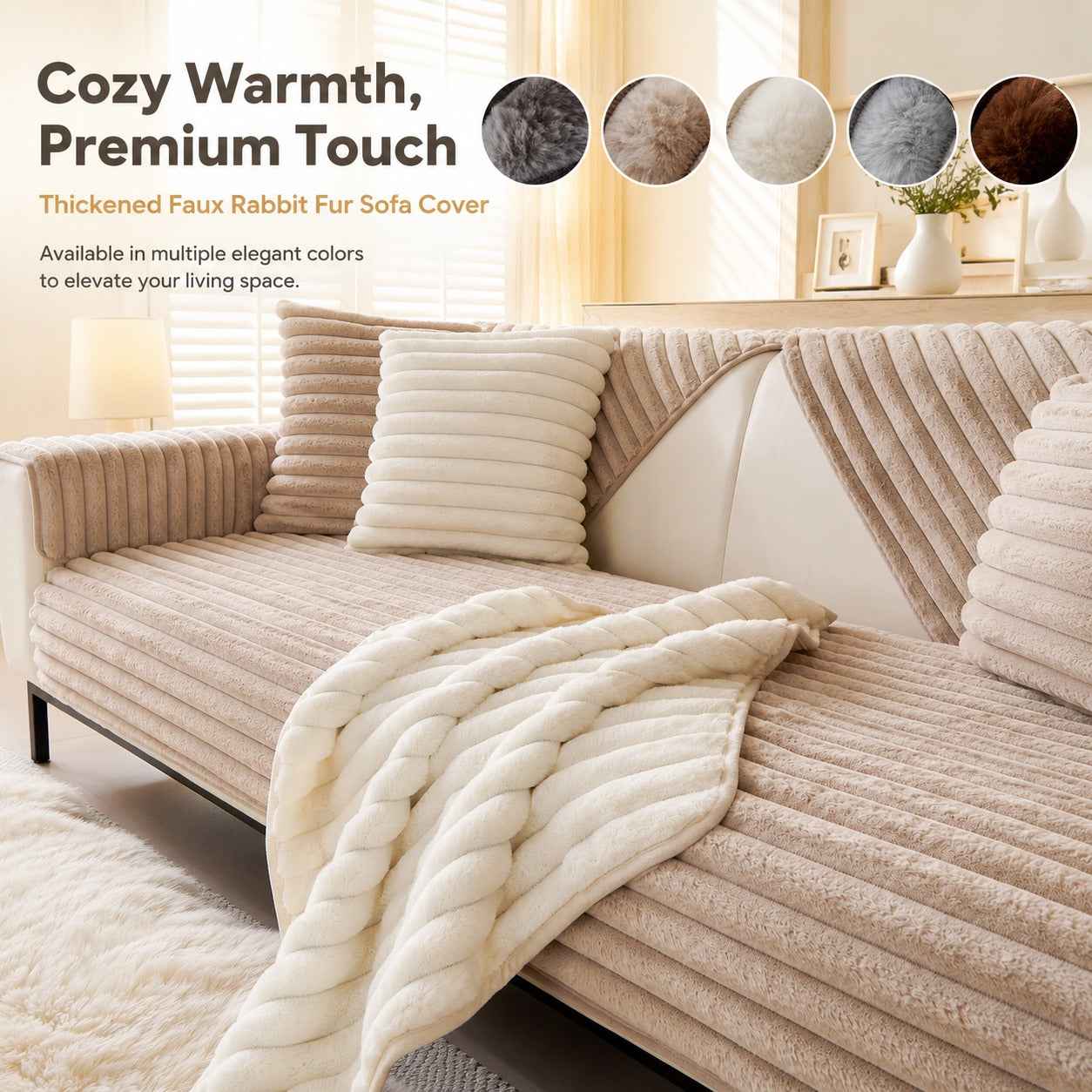 Chunky Faux Rabbit Fur Sofa Cover – Thickened Plush, Non-Slip, Pet-Friendly