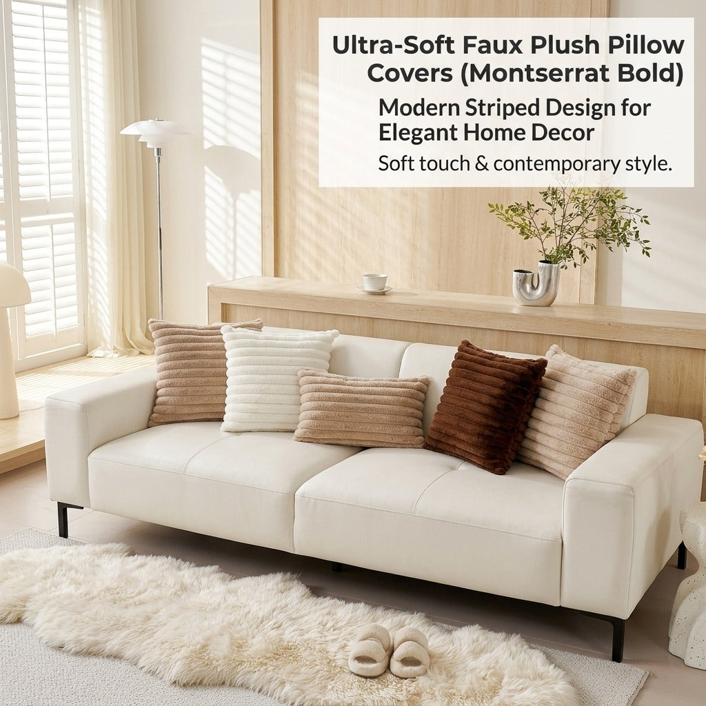 Fuzzy Striped Faux Plush Throw Pillow Covers – Super Soft Decorative Cushion Cases for Sofa & Bedroom