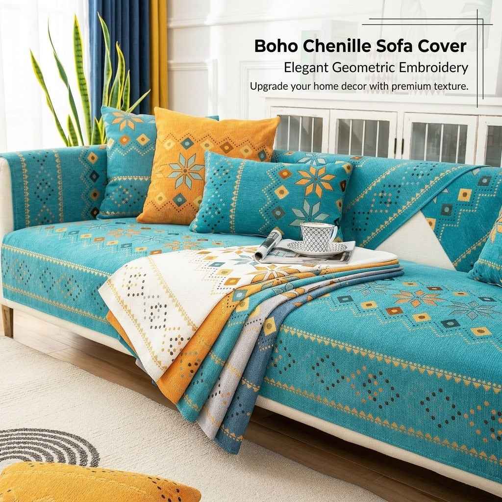 Boho Chenille Sofa Cover | Geometric Jacquard Non-Slip Sofa Protector | Pet Friendly Thick Plush Slipcover