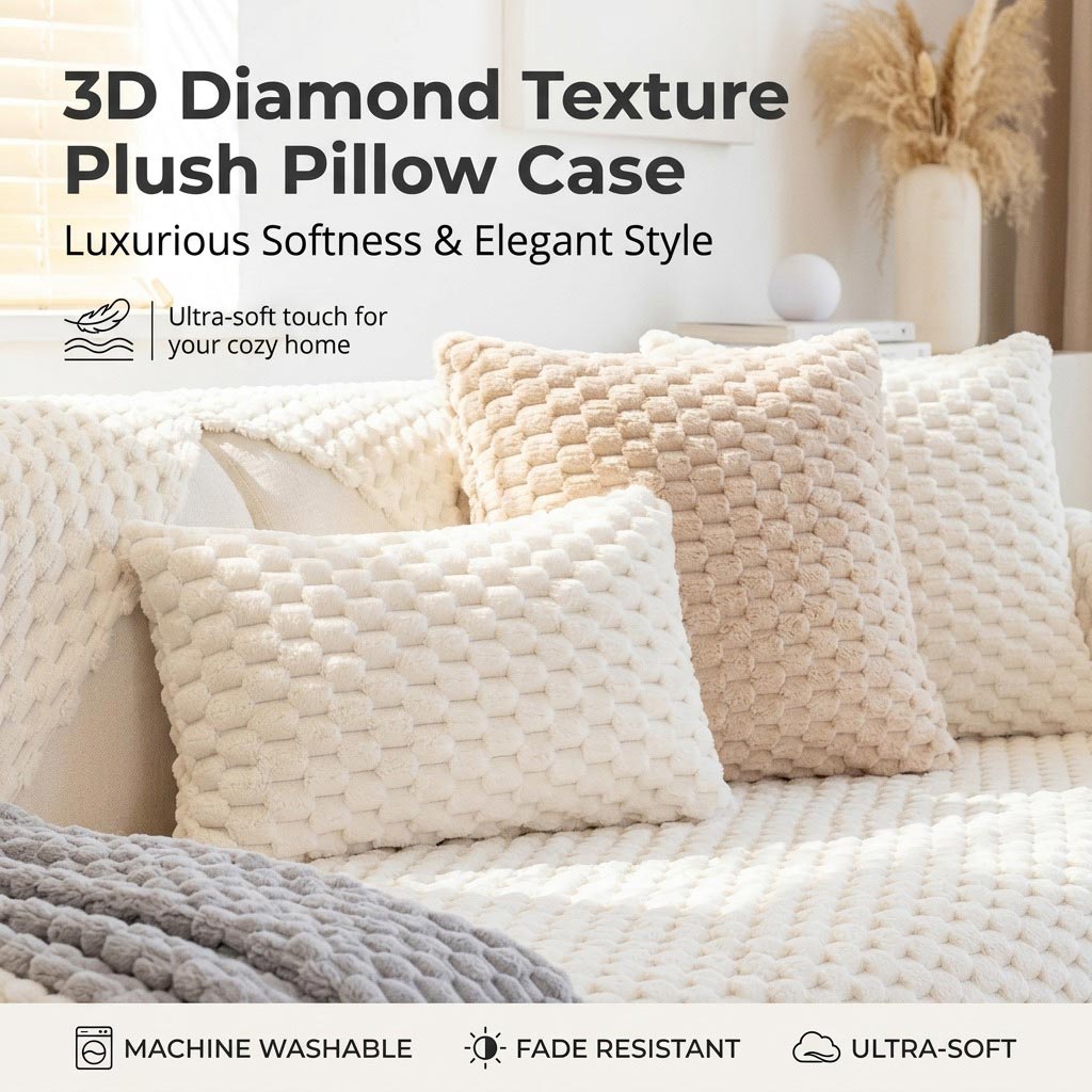 Beige and light coffee 3D diamond texture plush pillow cases styled on a white sofa with pampas grass decor