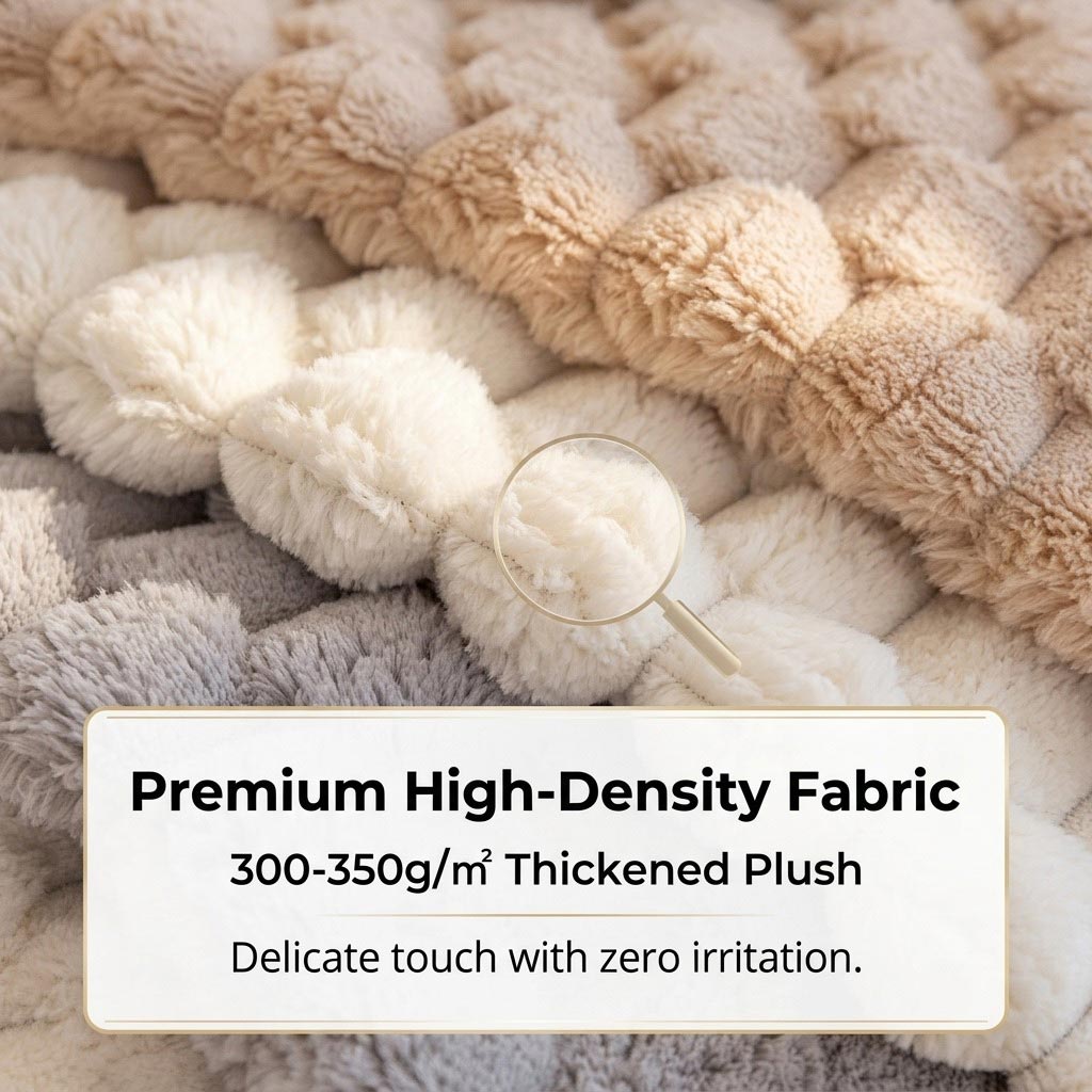 Close-up of premium 300-350 g/m² high-density plush diamond knit fabric in beige and light gray, showing soft texture detail