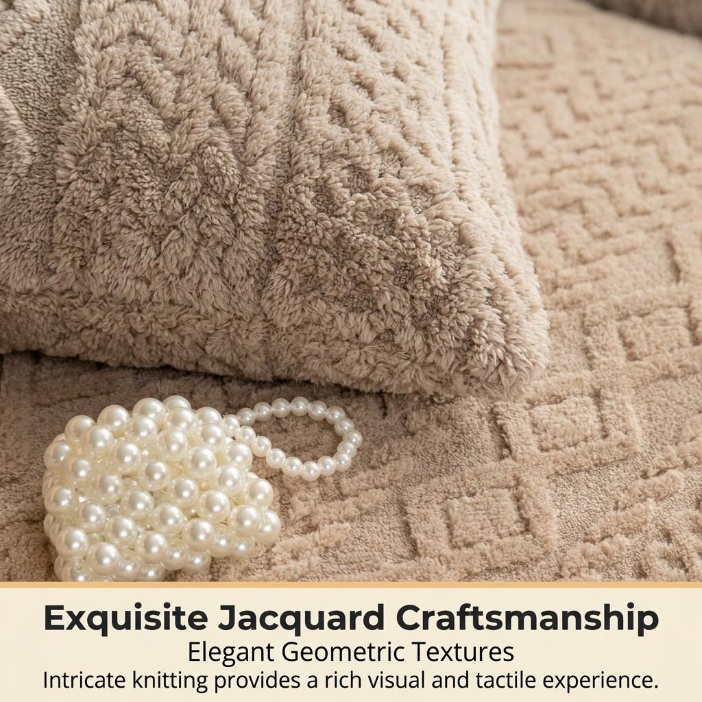 Close-up of premium khaki Shu Velveteen fabric showing cloud-like softness and 350-400g/m² high-density jacquard knit texture that provides warmth and cozy hugs