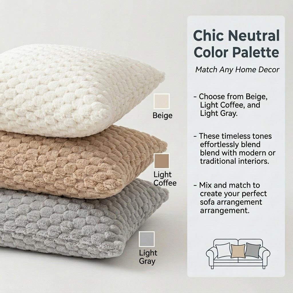 Three plush diamond texture pillow cases stacked in Beige, Light Coffee, and Light Gray, with chic neutral color palette description