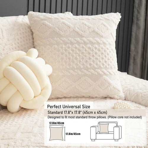 Milky white Shu Velveteen throw pillow case on sofa showing perfect universal size 17.8x17.8 inch (45x45cm) with size diagram, designed to fit most standard throw pillows