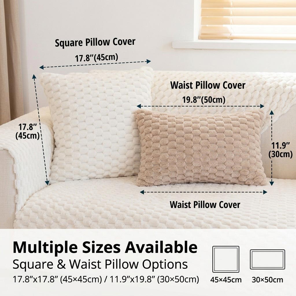 Size comparison chart showing 17.8×17.8 inch square pillow cover and 19.8×11.9 inch waist pillow cover on a white sofa