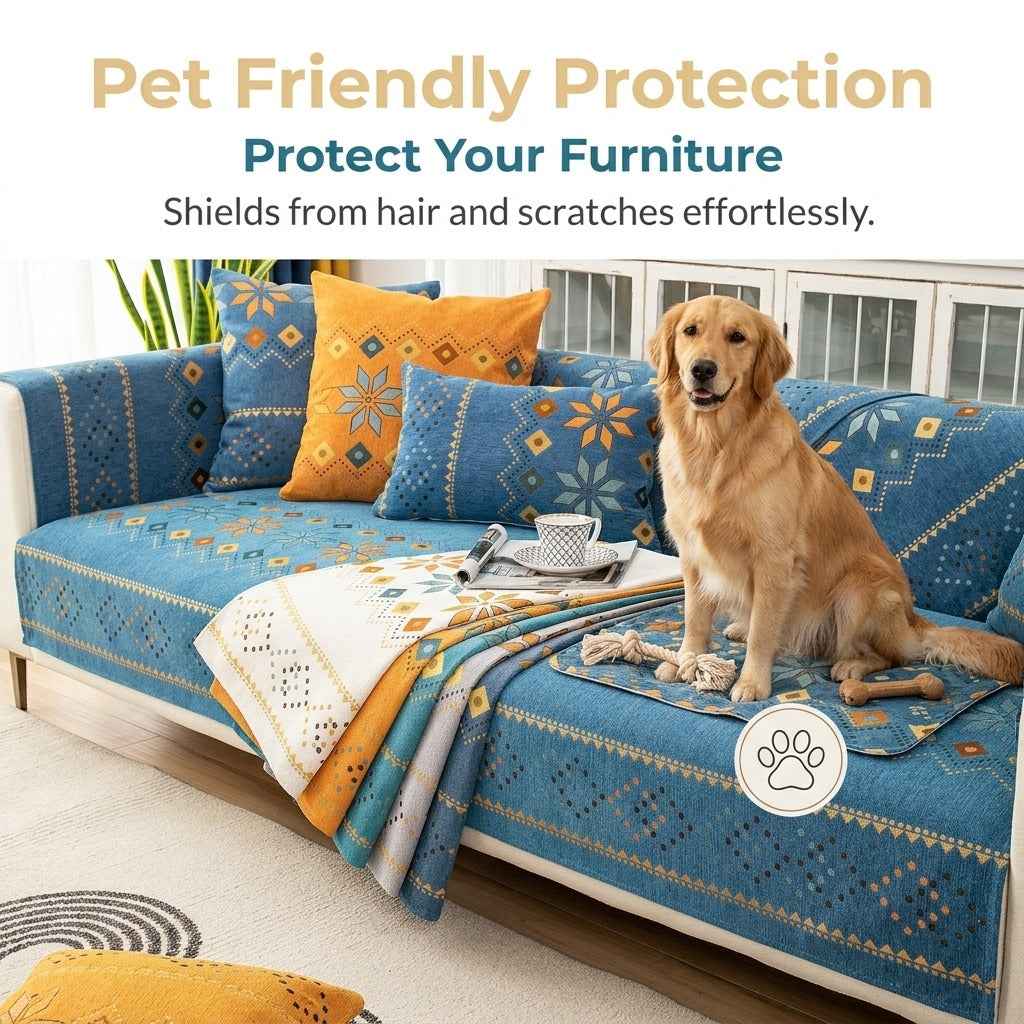 Boho Chenille Sofa Cover | Geometric Jacquard Non-Slip Sofa Protector | Pet Friendly Thick Plush Slipcover