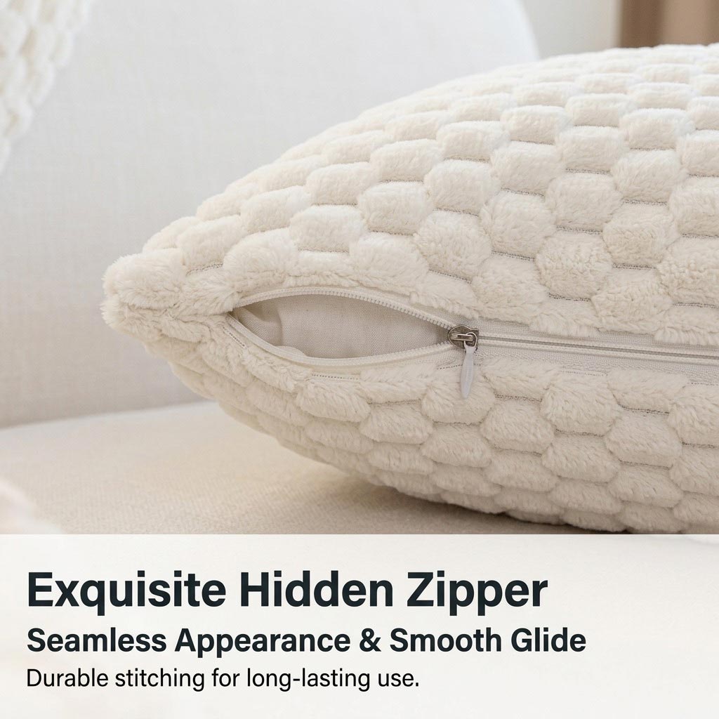 Close-up of hidden zipper closure on plush diamond texture pillow case, showing secure and concealed zipper design