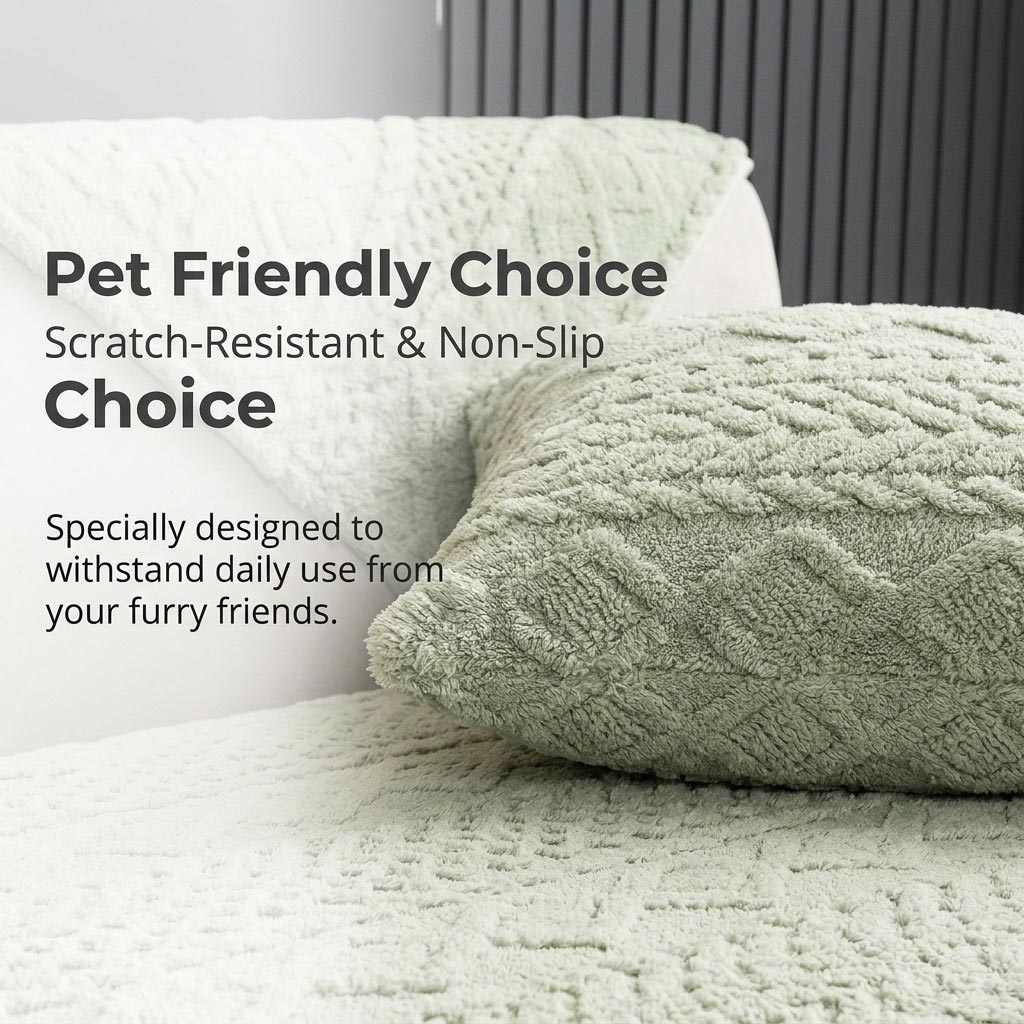 Light green Shu Velveteen throw pillow case on white sofa demonstrating pet-friendly scratch-resistant and non-slip design, specially designed to withstand daily use from furry friends