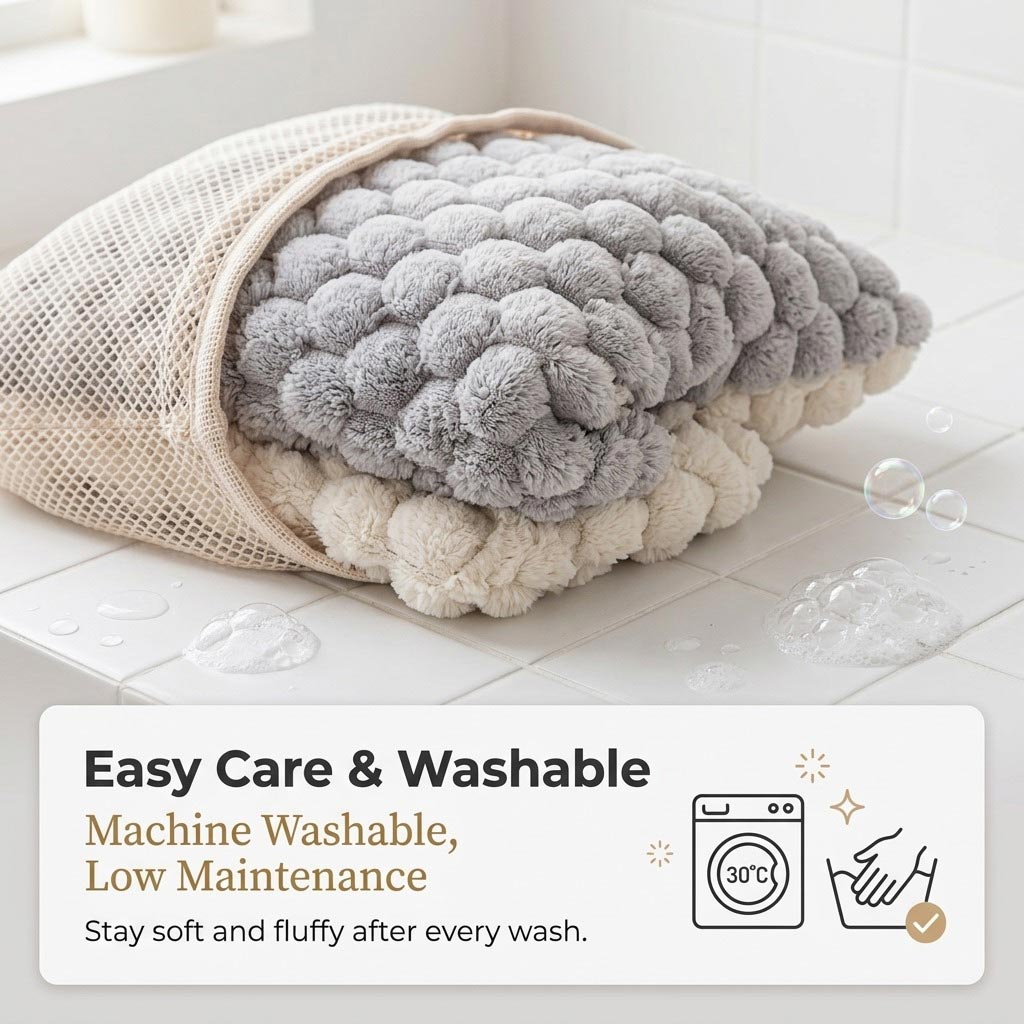 Light gray plush diamond pillow case placed in a mesh laundry bag, demonstrating machine washable and easy care design