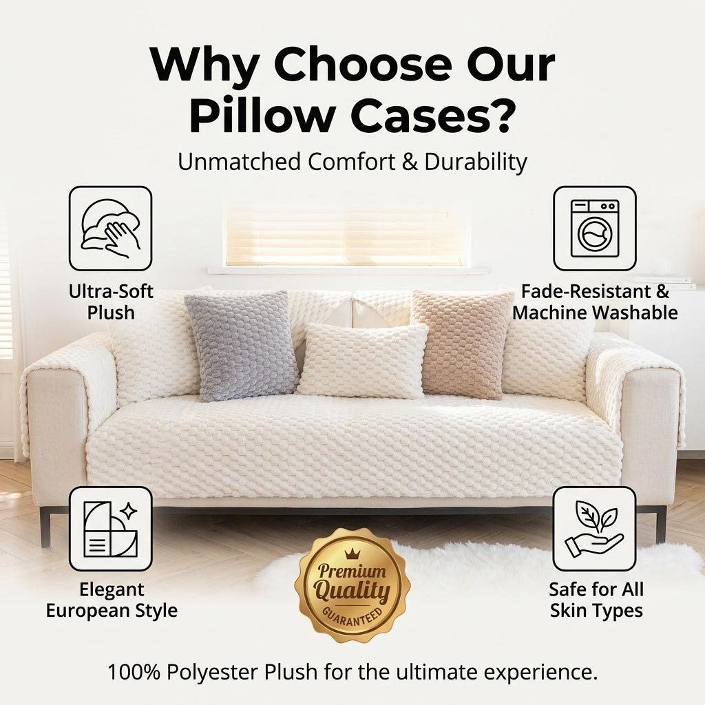 Infographic showing key features of plush diamond pillow cases: ultra-soft plush, fade-resistant, machine washable, elegant European style, and safe for all skin types