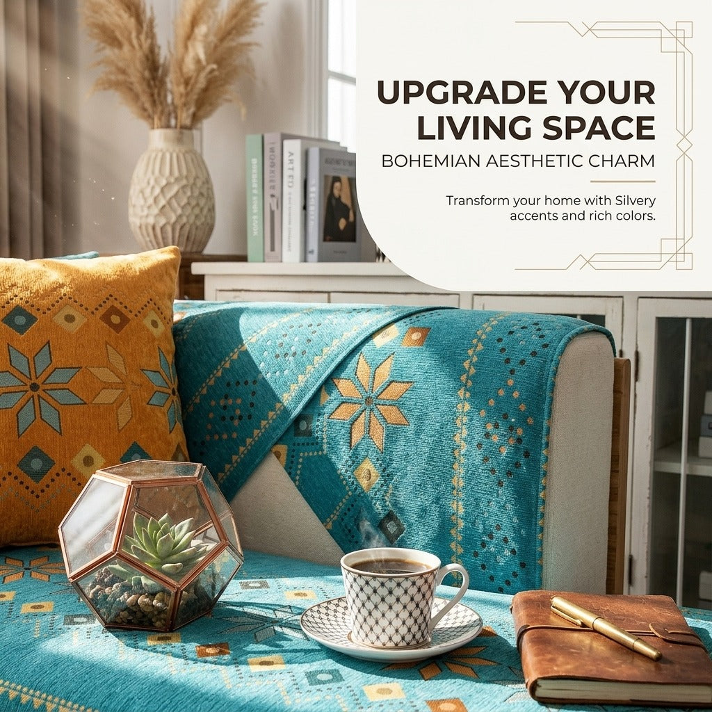 Boho Chenille Sofa Cover | Geometric Jacquard Non-Slip Sofa Protector | Pet Friendly Thick Plush Slipcover