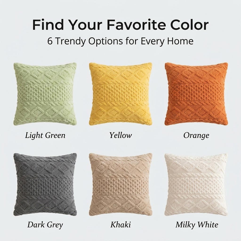Six color options for Shu Velveteen jacquard pillow case collection - Light Green, Yellow, Orange, Dark Grey, Khaki, Milky White - 6 trendy options for every home